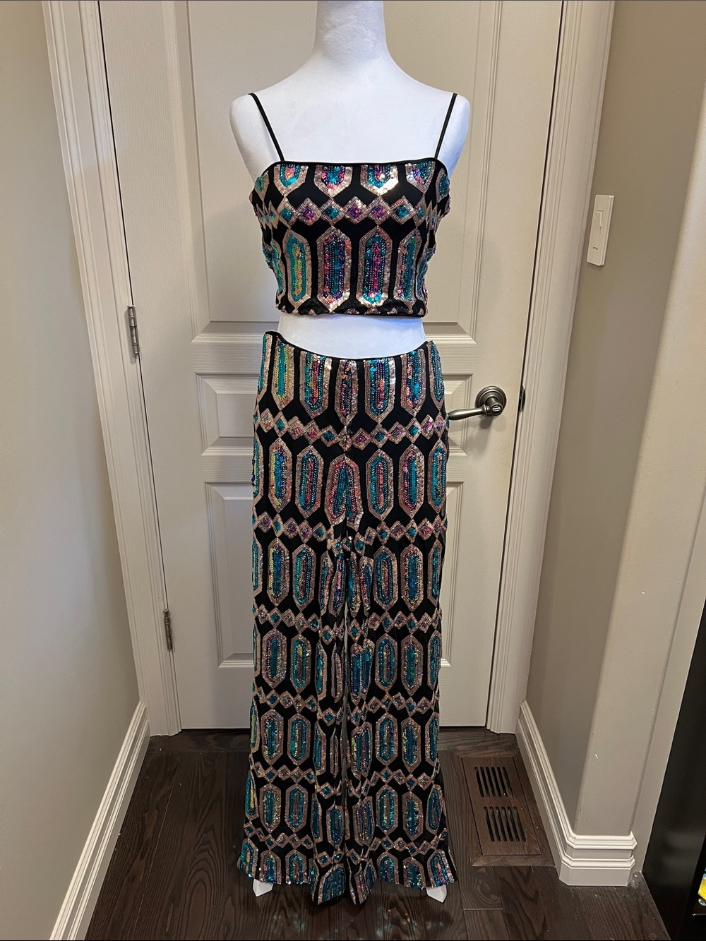 Sequin Geometric Black & Multicolor Jumpsuit Set